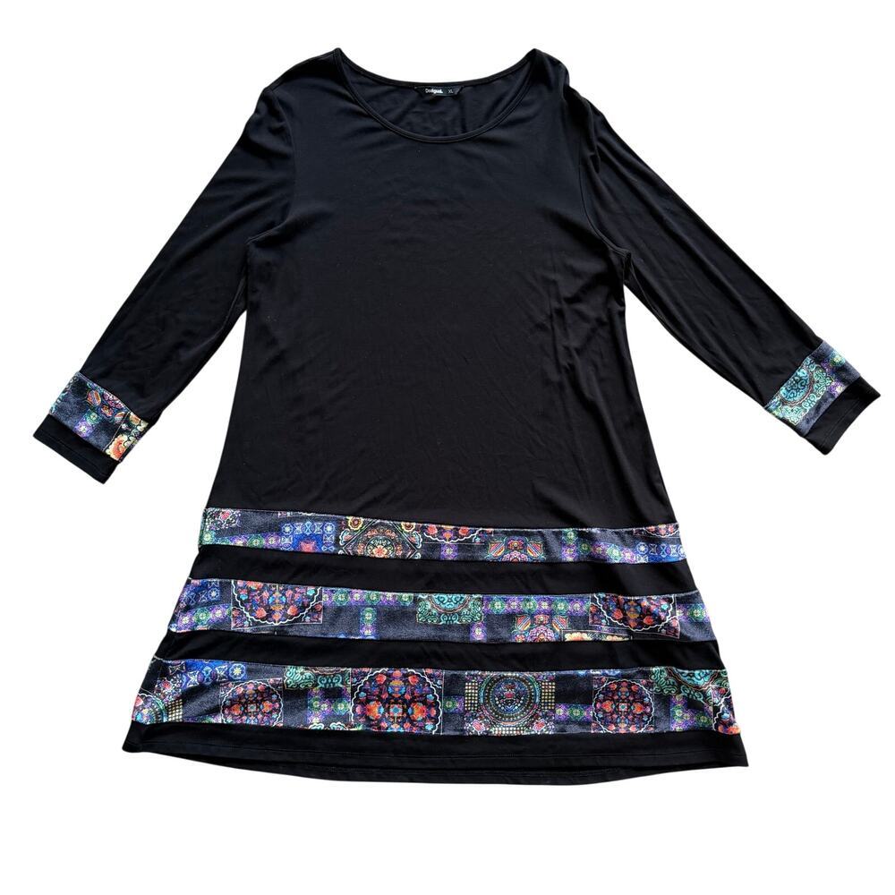 Desigual Women's Black Velvet‎ Dress XL Long Sleeve Layered Patchwork Stripes